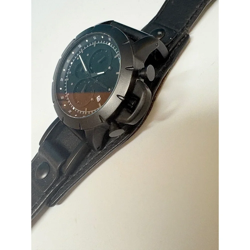 Fossil Mens Chronograph Black Leather Cuff Watch JR1157 Analog Date Need Battery